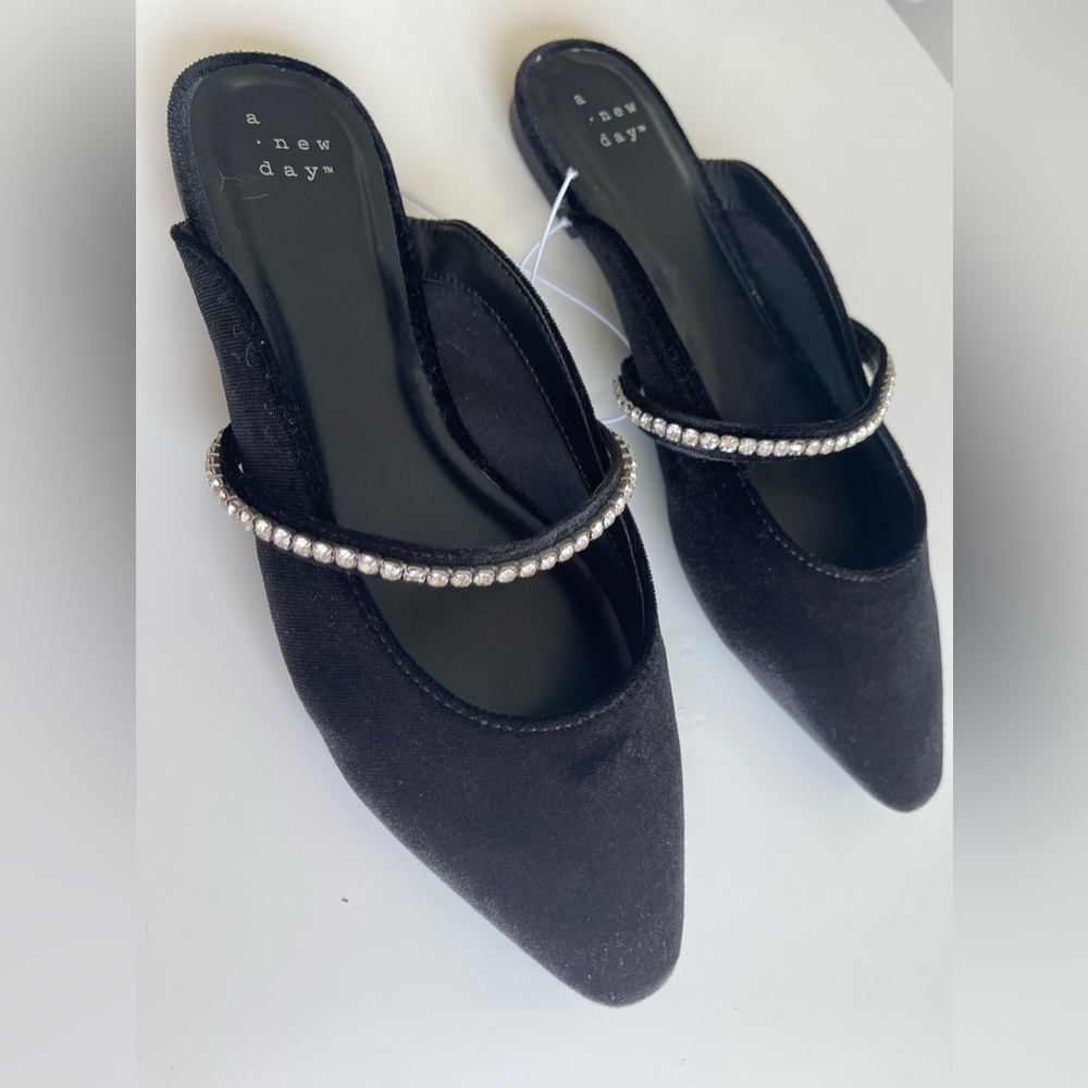 New A New Day Black Velvet Rhinestone Holiday NYE Party Dress Shoes Flats 7 - Picture 4 of 5